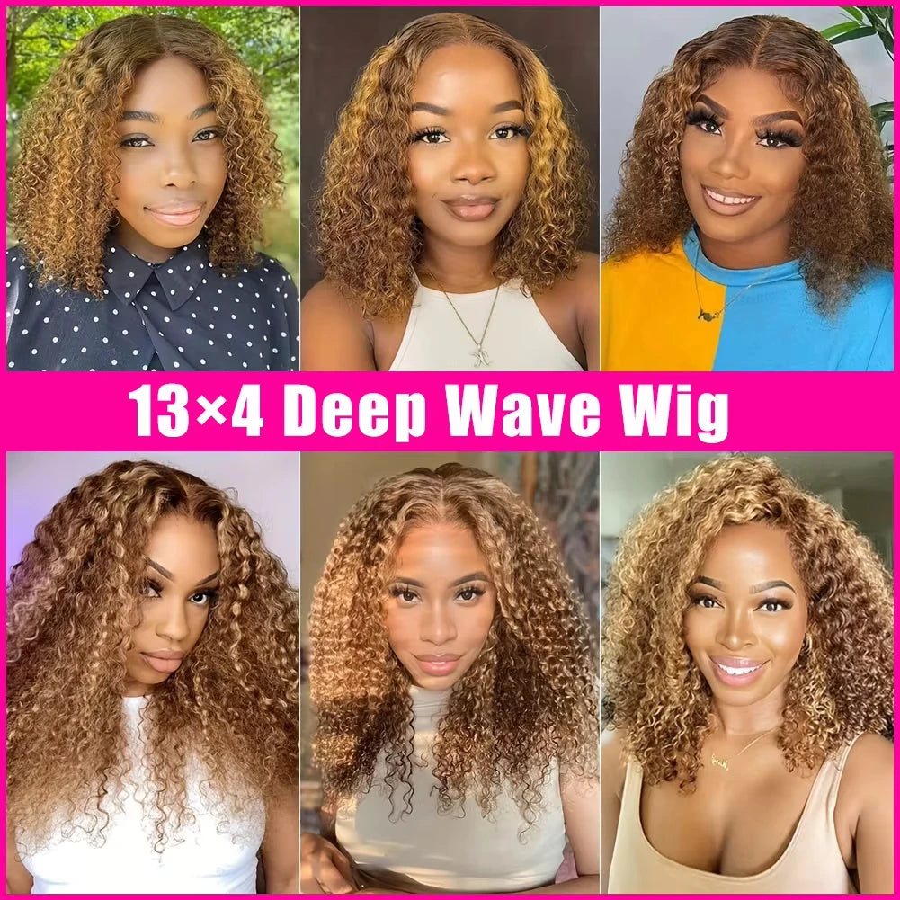 P4/27 Ombre Highlight Deep Wave Curly Bob 13x4 Lace Front Remy Human Hair Wig (Transparent Swiss Lace)