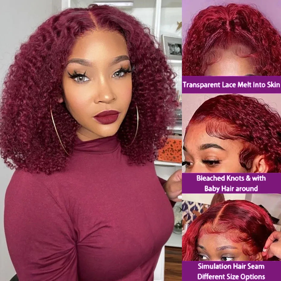 99J Burgundy Deep Curly Bob 13x4 HD Lace Frontal Wig (220% Density, Pre-Plucked, 16")