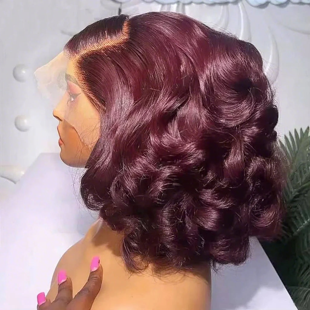Brazilian 230% 99J Bouncy Curly Bob 13x4 HD Lace99J Burgundy Curly Bob 13x4 HD Lace Front Human Hair Wig (230% Density) Front Human Hair Wigs 99J Burgundy Body Wave Bob Wig Short Curly Human Hair Wig