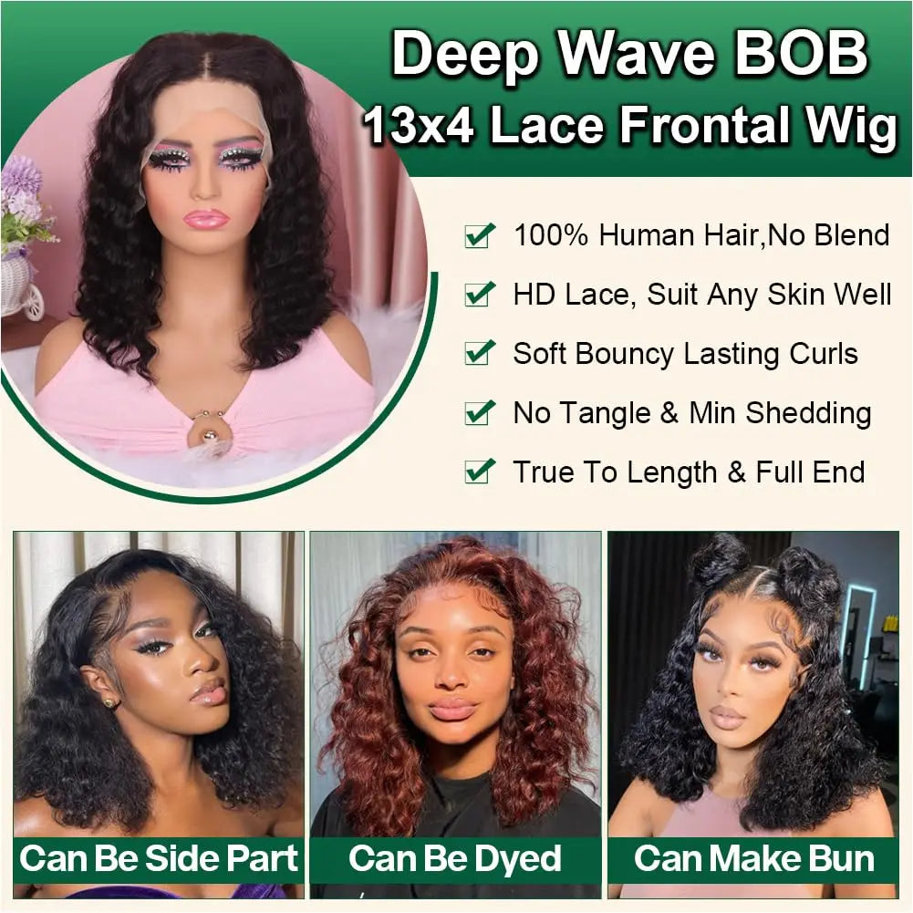 Deep Wave Bob Human Hair Wig 13x4 Invisible Transparent Lace Front (200% Density, #1B Natural Black)