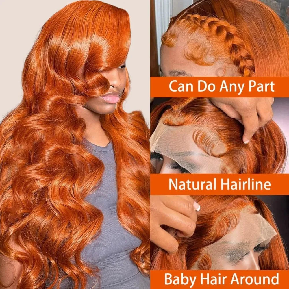 250% Density Ginger Orange Body Wave 13x4 HD Lace Front Human Hair Wig – Pre-Plucked Brazilian Wig for Women