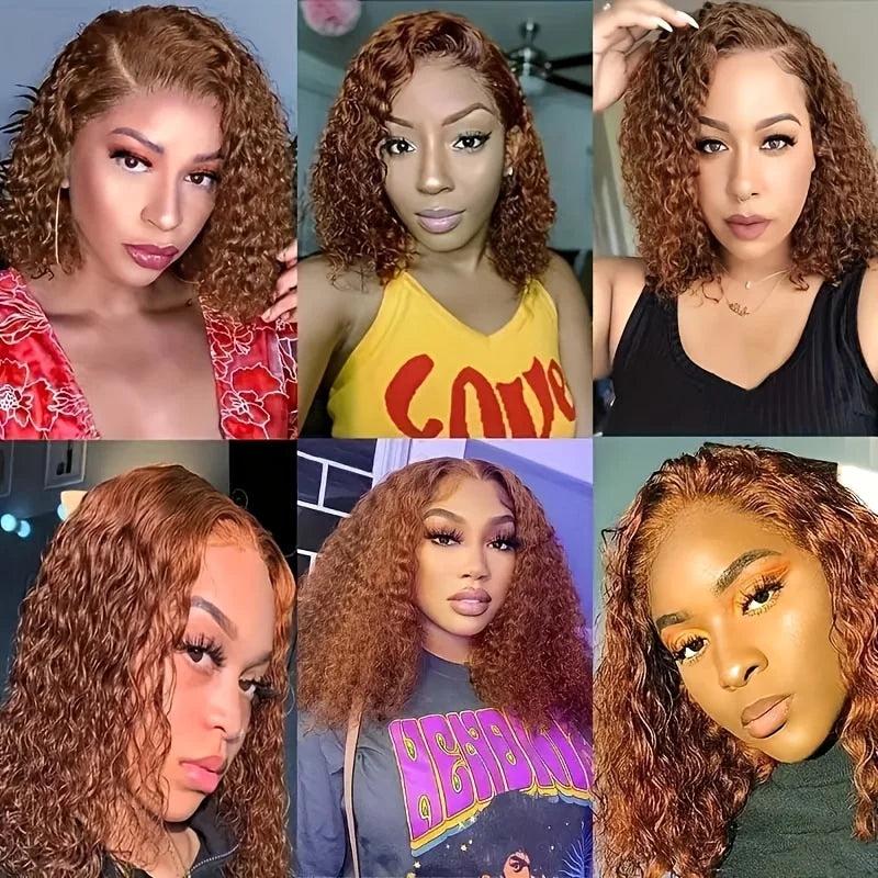 Color 4 Brown Kinky Curly Bob 13x4 Transparent Lace Human Hair Wig (Deep Wave, Short 4–16")