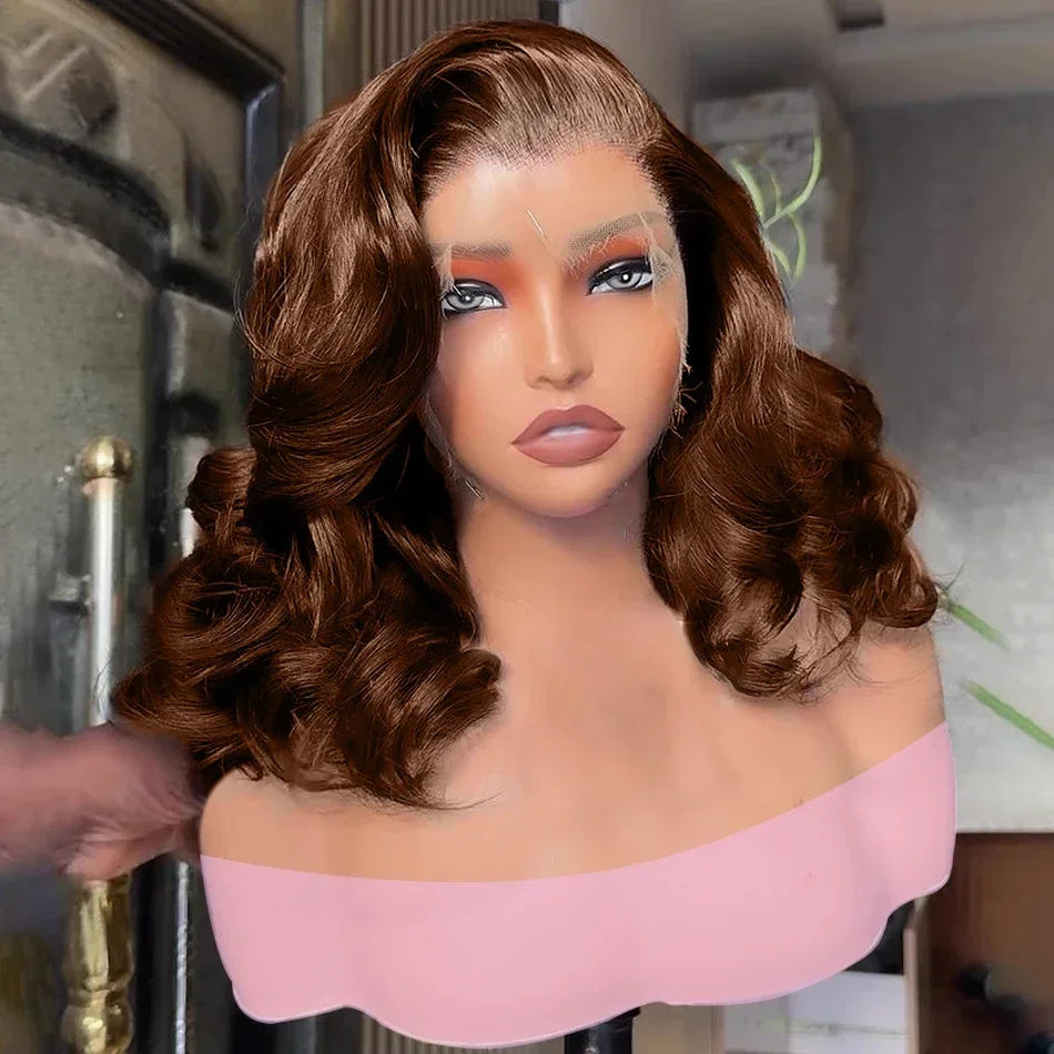 Umi 13x4 HD Body Wave Short Bob Human Hair Wig (Chocolate Brown #4, Transparent Lace, 220% Density)