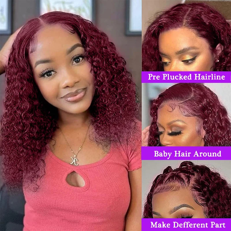 99J Burgundy Short Curly Bob HD Lace Wig (13x4 / 4x4) – Brazilian Remy Human Hair, 200% Density (4–16")