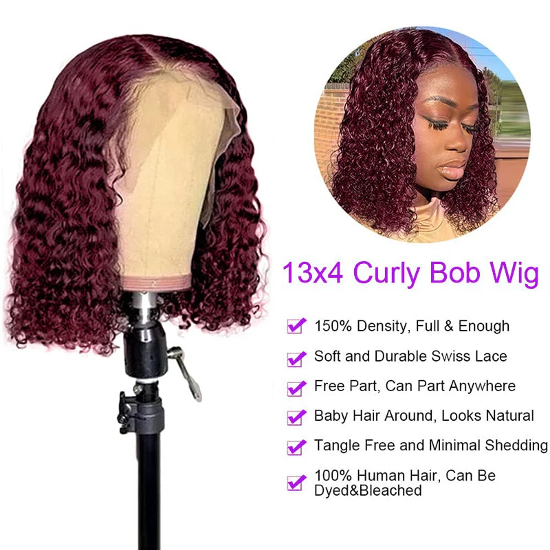 99J Burgundy Short Curly Bob HD Lace Wig (13x4 / 4x4) – Brazilian Remy Human Hair, 200% Density (4–16")