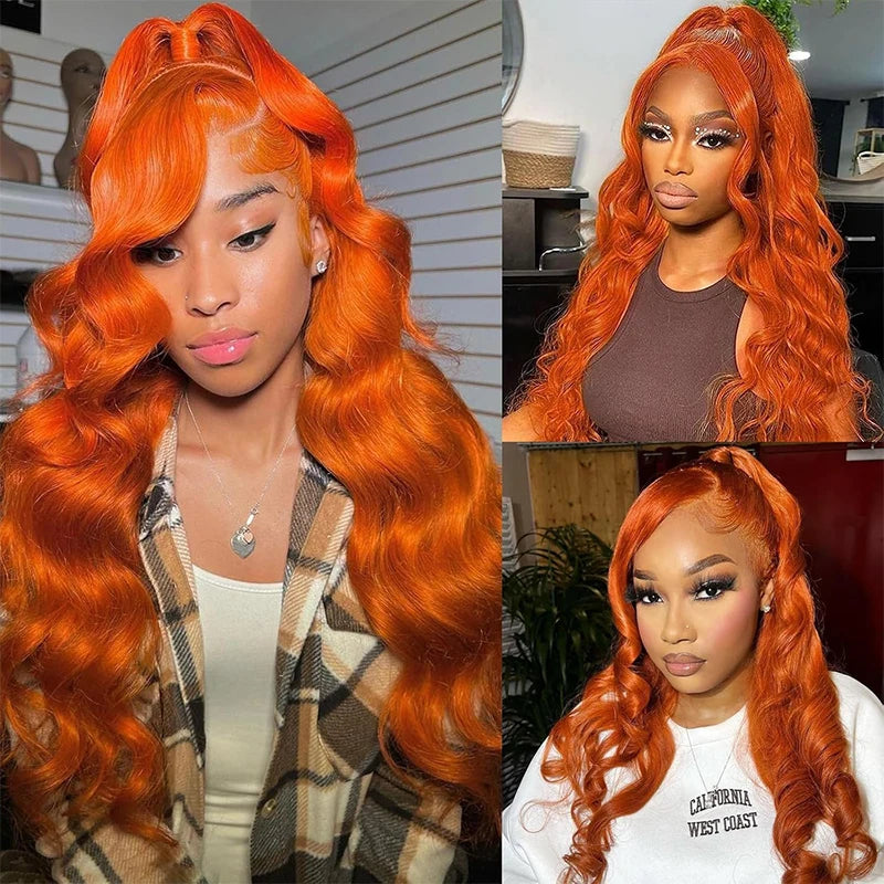 Ginger Orange Body Wave 13x6 Transparent Lace Front Human Hair Wig #350 200% Density