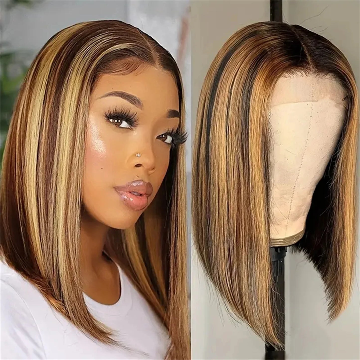 Luxexuan 13x4 Transparent Lace Front Bob Wig – 4/27 Ombre Honey Blonde Straight Human Hair (10–16")