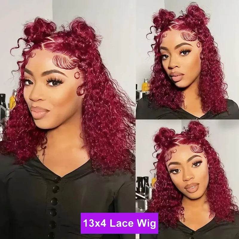 99J Burgundy Short Curly Bob HD Lace Wig (13x4 / 4x4) – Brazilian Remy Human Hair, 200% Density (4–16")