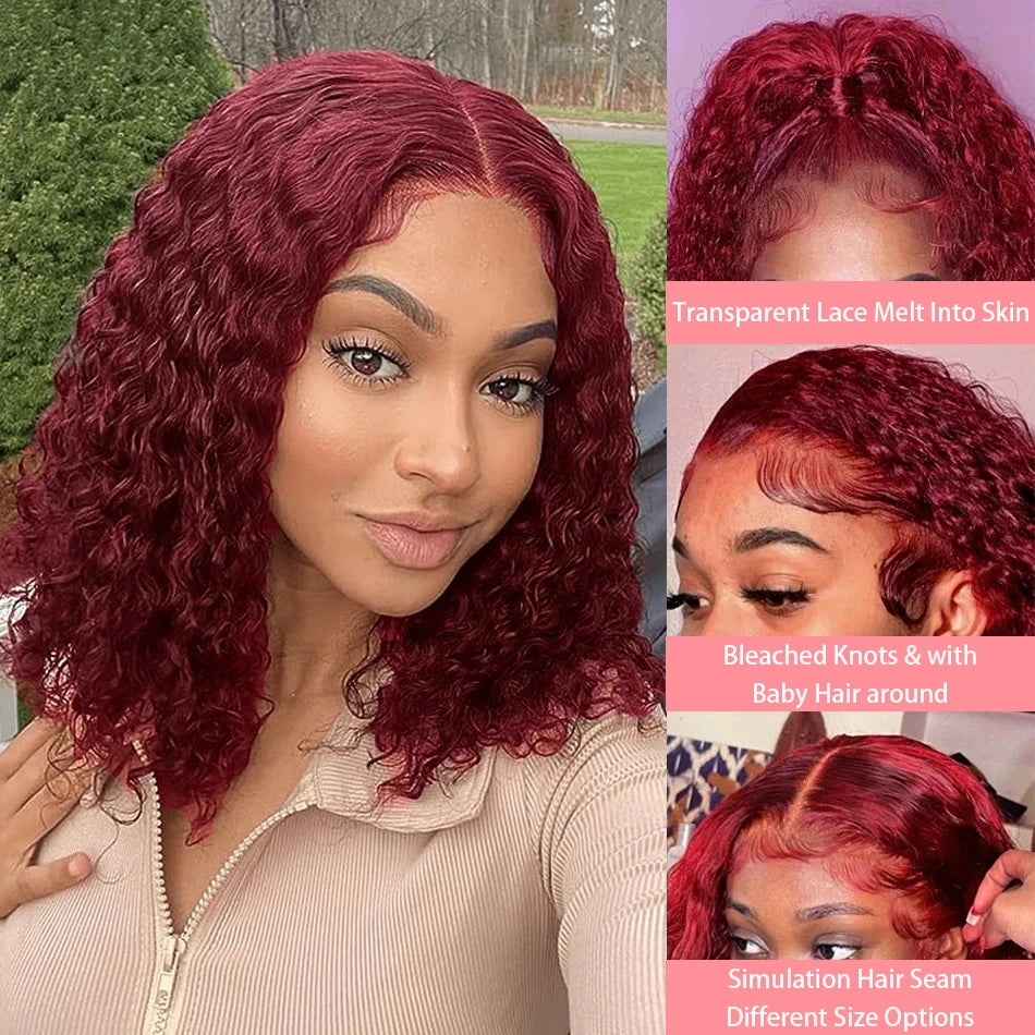 99J Burgundy Short Deep Wave Wig – 13x4 HD Lace Front, Glueless Brazilian Human Hair (14 Inch)