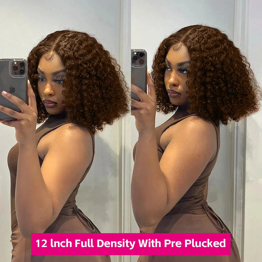 Color 4 Brown Kinky Curly Bob 13x4 Transparent Lace Human Hair Wig (Deep Wave, Short 4–16")