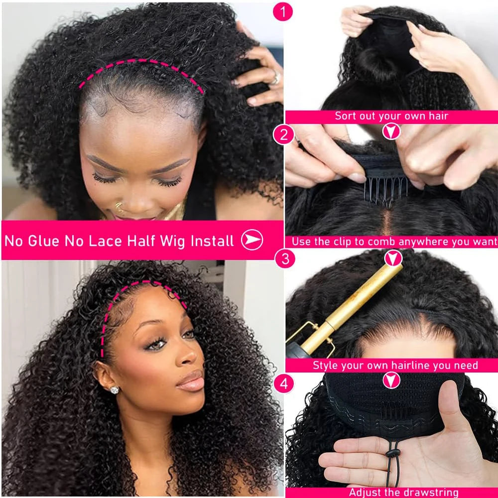 Glueless Kinky Curly Half Wig with Drawstring & Clips – 250% Density (26+ Inch)
