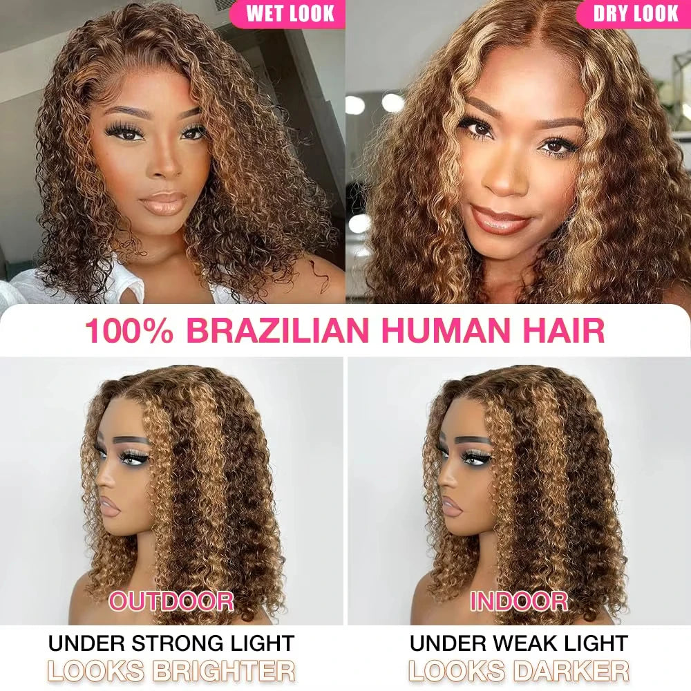 P4/27 Ombre Highlight Deep Wave Curly Bob 13x4 Lace Front Remy Human Hair Wig (Transparent Swiss Lace)