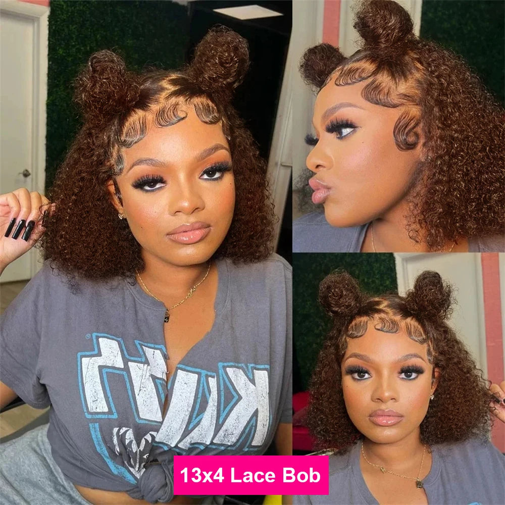 Happy Monday #4 Chocolate Brown Kinky Curly Bob Wig – 13x4 HD Transparent Lace Front, Deep Wave Remy Human Hair (Pre-plucked)