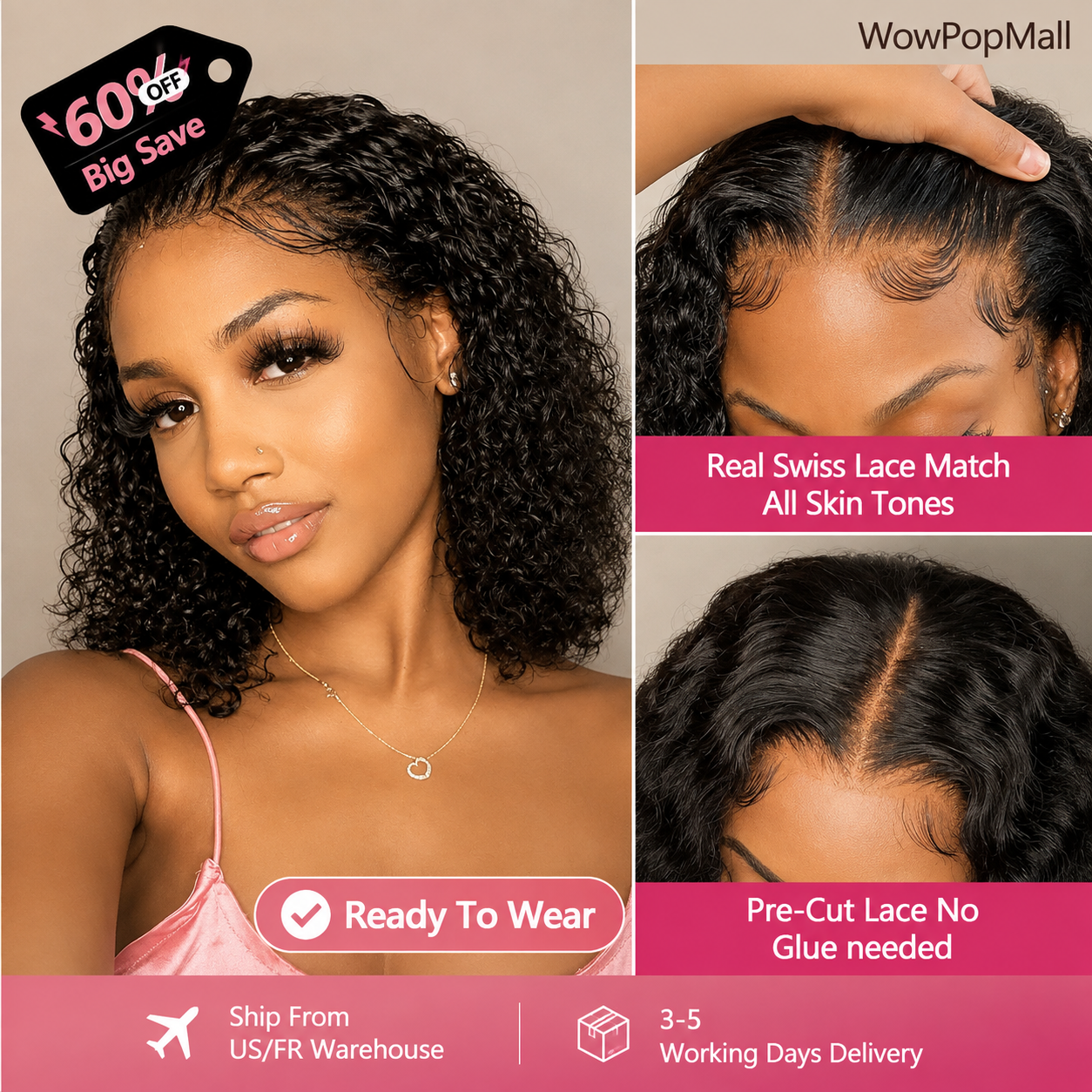 Water Wave Bob Wig | 100% Brazilian Remy Human Hair | 4x4 Lace | Glueless | 10-16 Inch | 200 Density