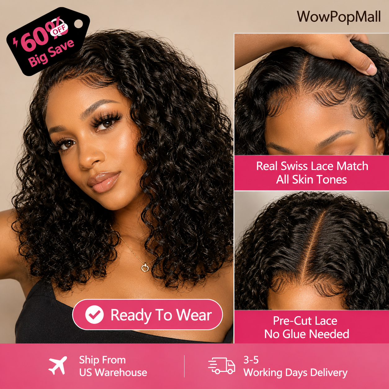Water Wave Bob Wig | 100% Brazilian Remy Human Hair | 4x4 Lace | Glueless | 10-16 Inch | 200 Density