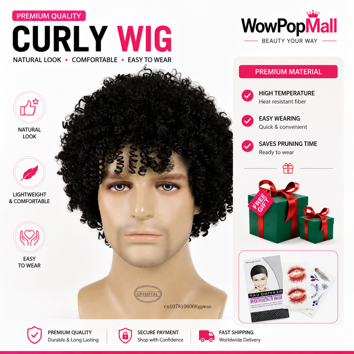 Natural Black Bouncy Curly Hair Synthetic Wigs for Men Short Afro Kinky Curly Wig with Bangs Male Wigs Cosplay Halloween Party
