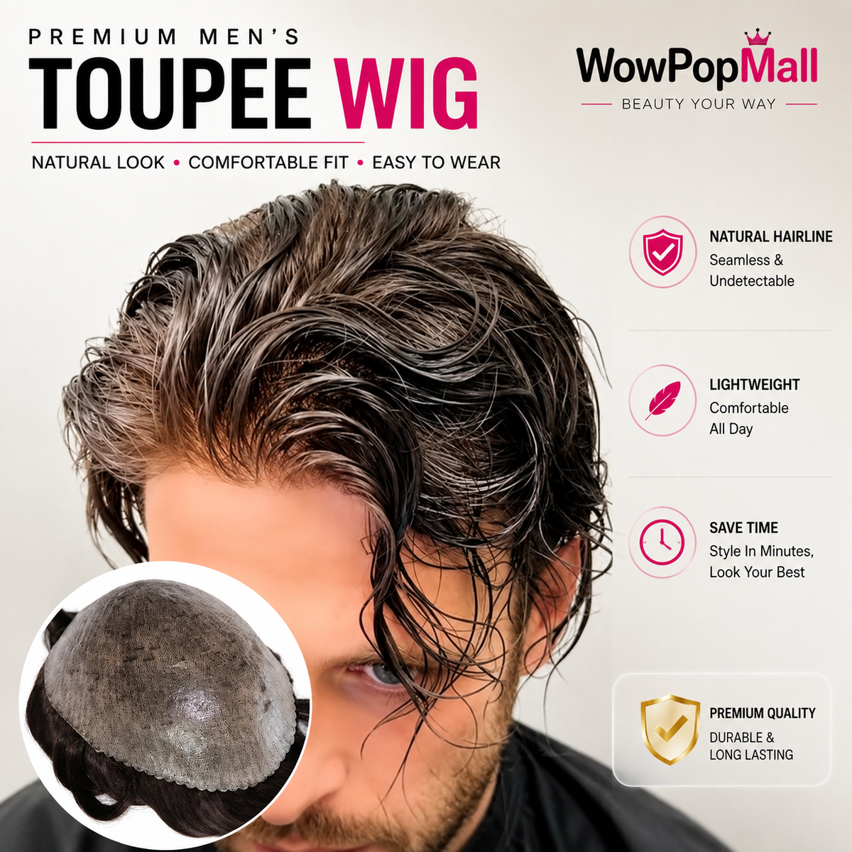 Men's Human Hair Toupee Wig – 30mm Wave, Natural Straight, 0.1mm PU Base