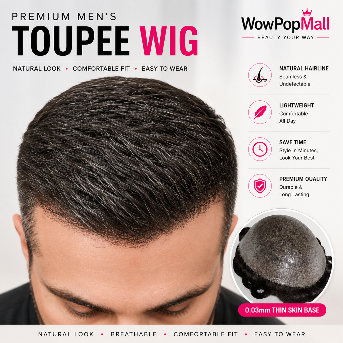 Men's Human Hair Toupee Wig – 30mm Wave, Natural Straight, 0.1mm PU Base