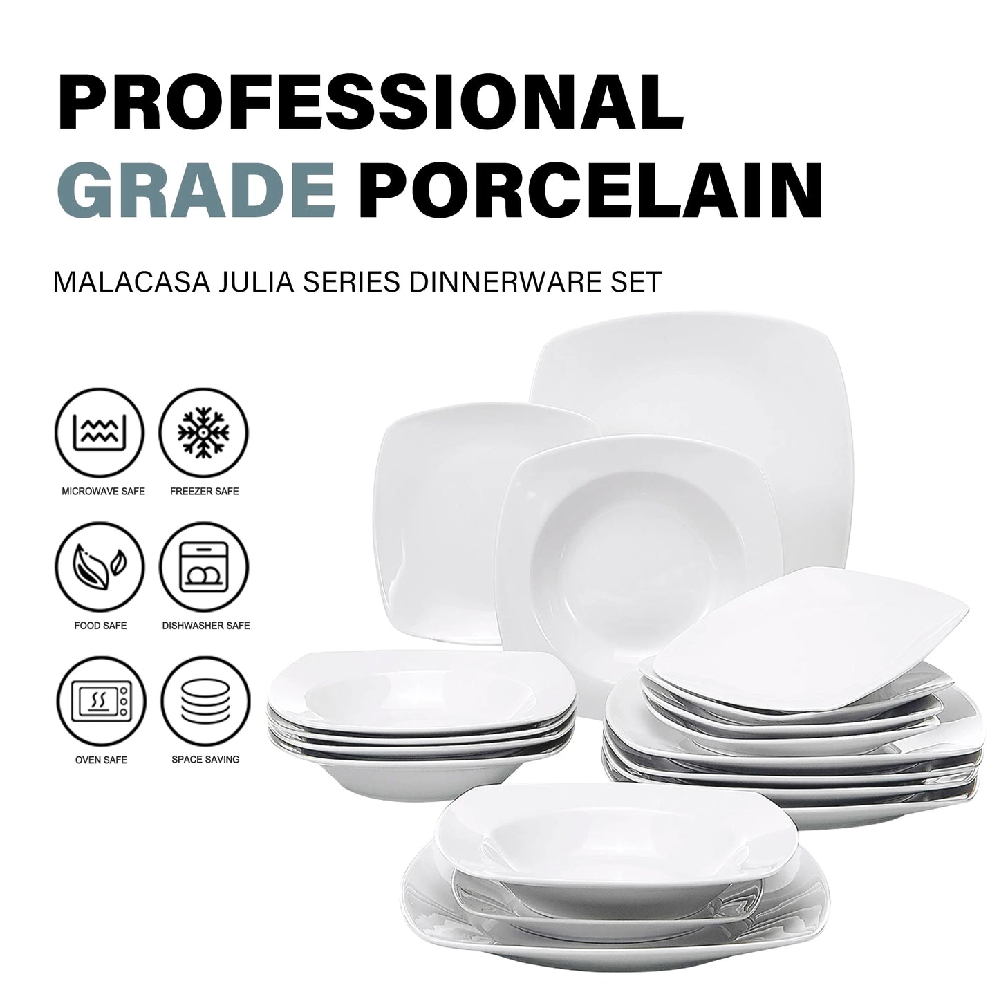 MALACASA JULIA 18-Piece Porcelain Dinnerware Set | 6-Person Modern White Ceramic Plates – Dinner, Soup & Dessert Set