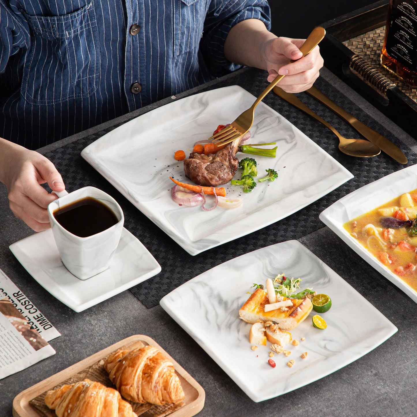 MALACASA 30/60-Piece Marble Grey Porcelain Dinnerware Set | Modern Tableware for 6–12 Persons with Plates, Cups & Saucers
