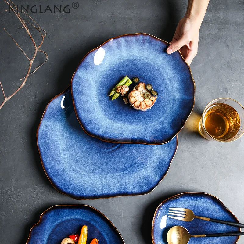 KINGLANG Japanese Ceramic Dinner Plates – Handmade Irregular Pottery Flat Dishes for Modern Dining and Food Presentation