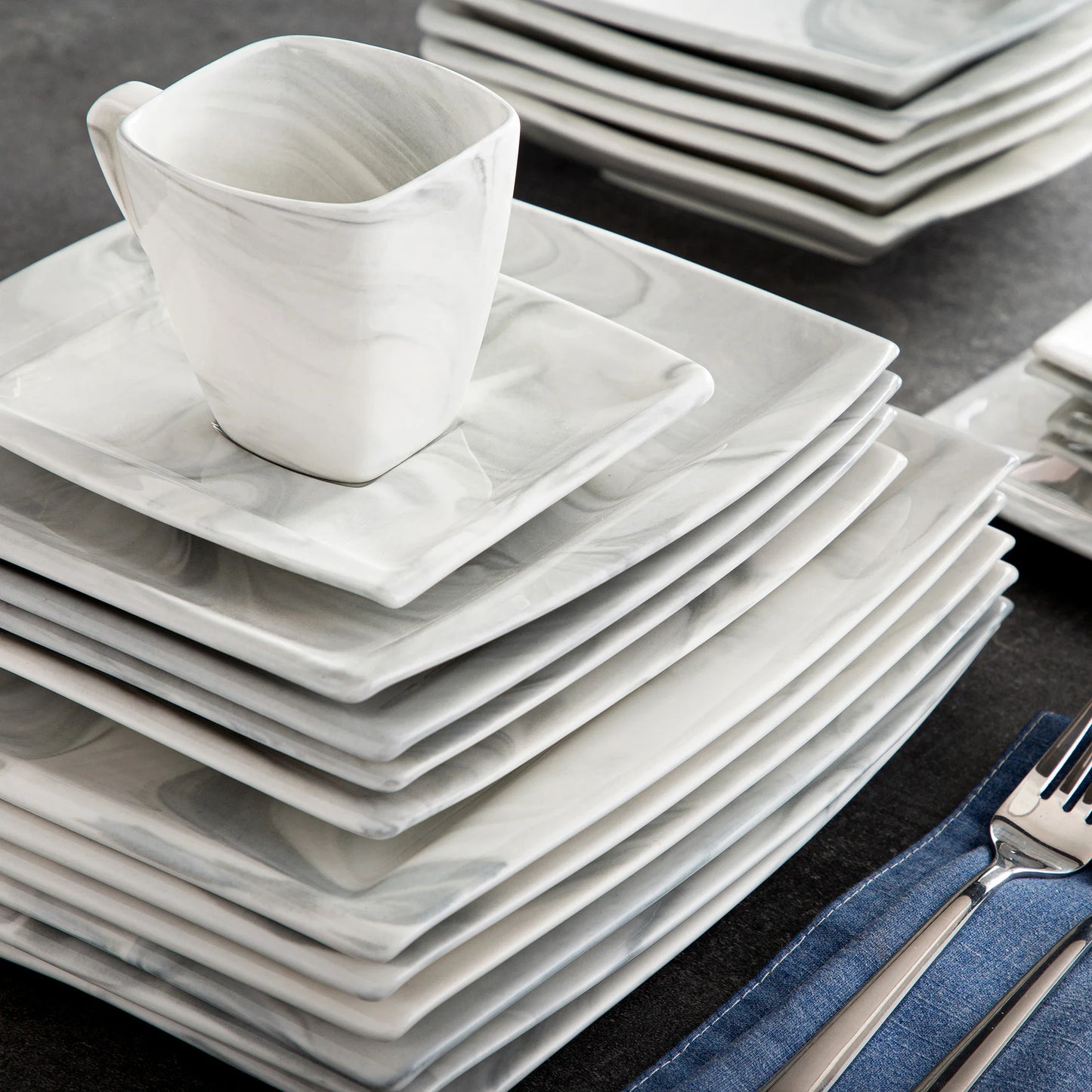 MALACASA 30/60-Piece Marble Grey Porcelain Dinnerware Set | Modern Tableware for 6–12 Persons with Plates, Cups & Saucers