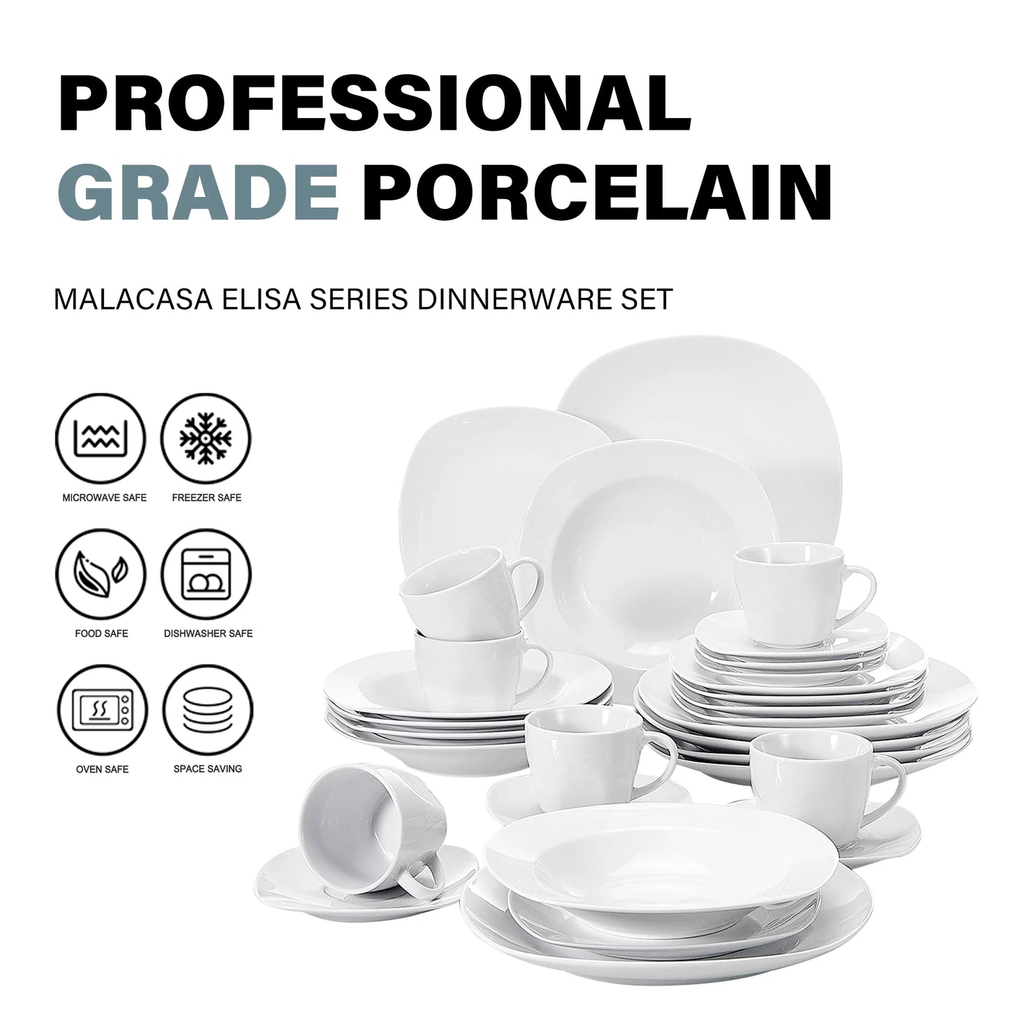 MALACASA Elisa 30-Piece Porcelain Dinnerware Set | 6-Person Ceramic Tableware with Plates, Cups & Saucers – Modern Classic Design