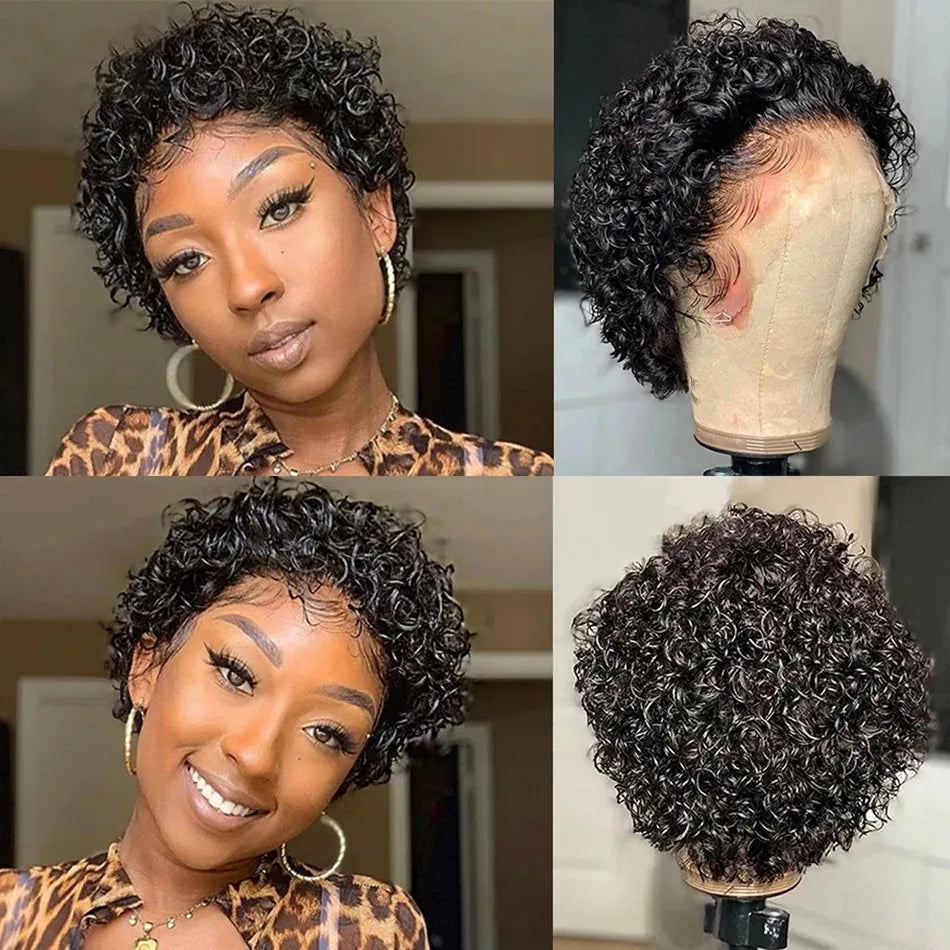 99J Burgundy Highlight Short Curly Pixie Cut Human Hair Lace Front Wig – Pre-Plucked 13×2 Bob Style