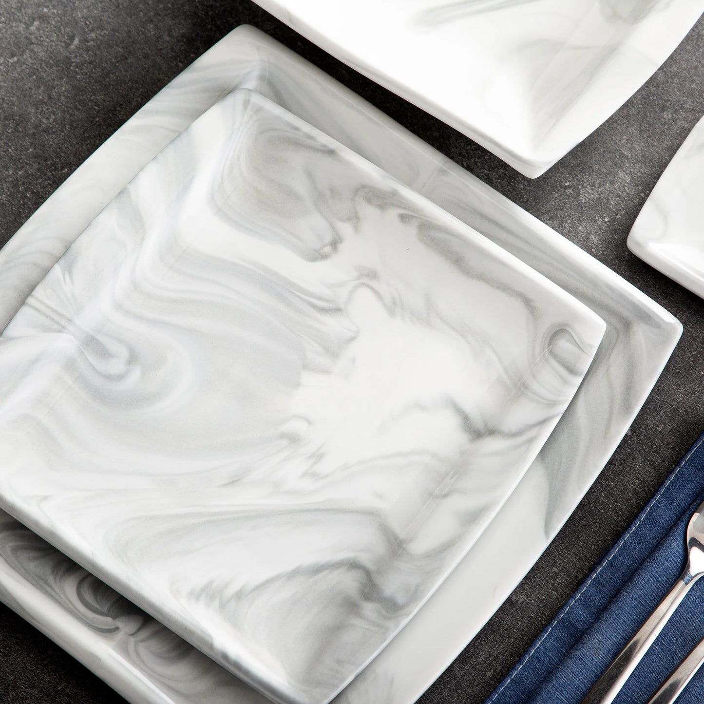 MALACASA 30/60-Piece Marble Grey Porcelain Dinnerware Set | Modern Tableware for 6–12 Persons with Plates, Cups & Saucers