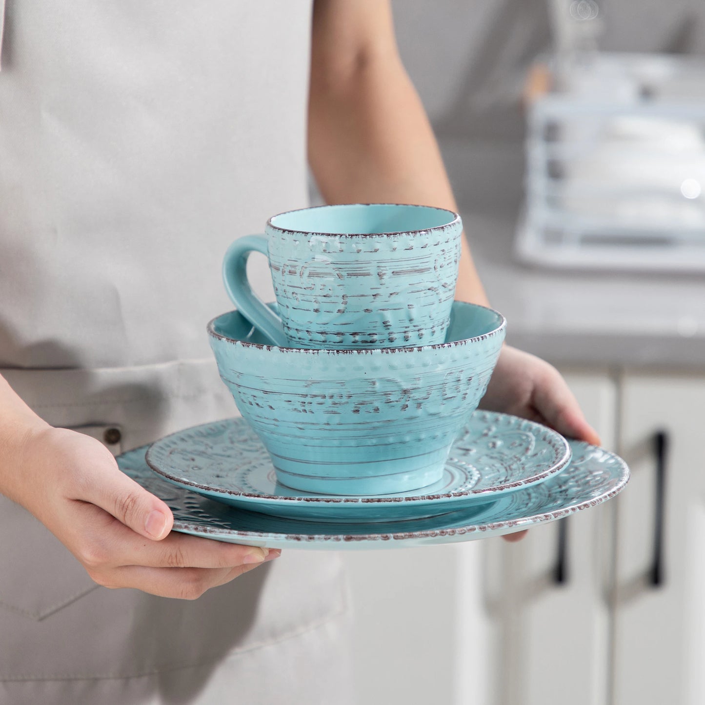 Vancasso VINE 16/32/48-Piece Ceramic Dinnerware Set | Rustic Stoneware Plates, Bowls & Mugs for 12-Person Dining