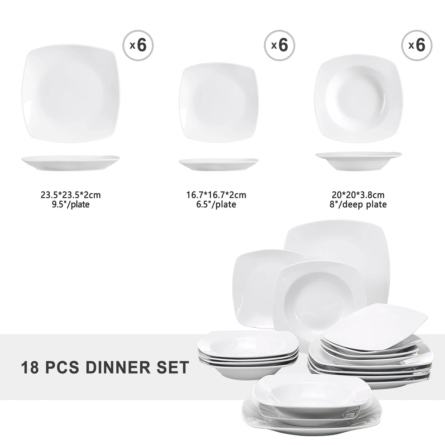 MALACASA JULIA 18-Piece Porcelain Dinnerware Set | 6-Person Modern White Ceramic Plates – Dinner, Soup & Dessert Set