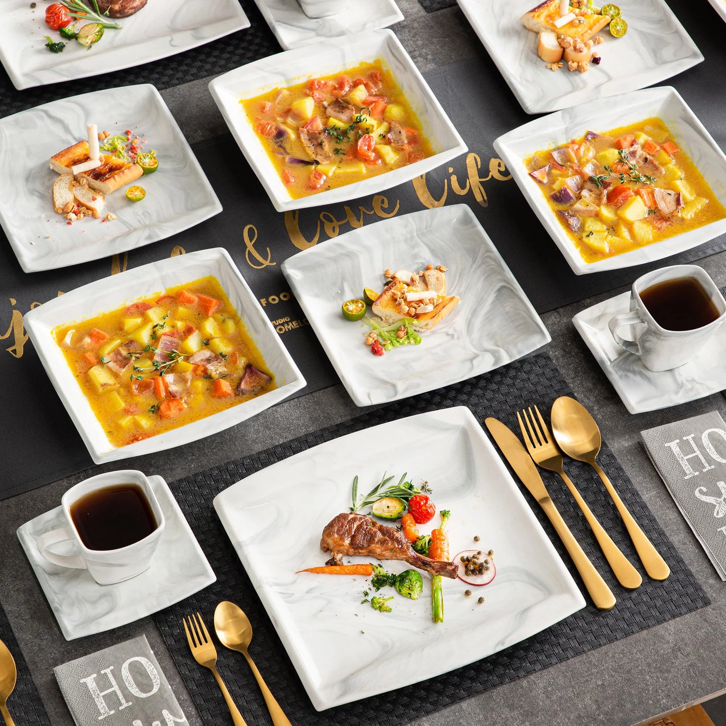 MALACASA 30/60-Piece Marble Grey Porcelain Dinnerware Set | Modern Tableware for 6–12 Persons with Plates, Cups & Saucers