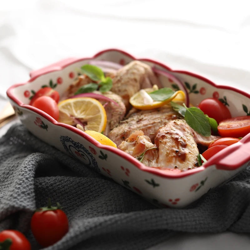 Red Cherry Ceramic Baking Dish – European Style Oval Dinner Plate & Ovenware Tray for Pasta, Chicken, and Desserts