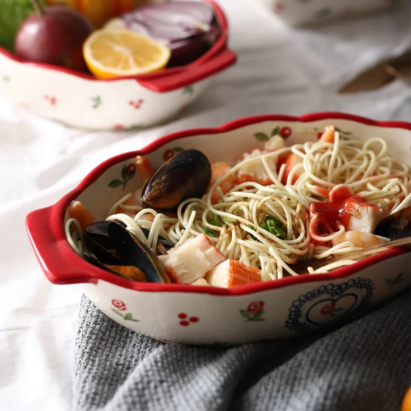 Red Cherry Ceramic Baking Dish – European Style Oval Dinner Plate & Ovenware Tray for Pasta, Chicken, and Desserts