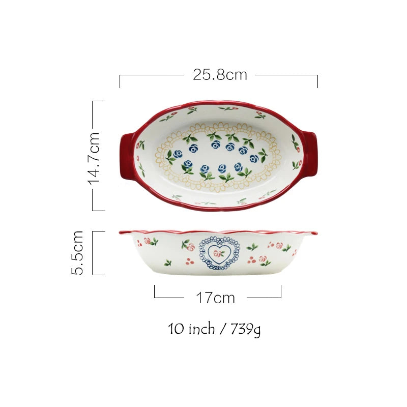 Red Cherry Ceramic Baking Dish – European Style Oval Dinner Plate & Ovenware Tray for Pasta, Chicken, and Desserts