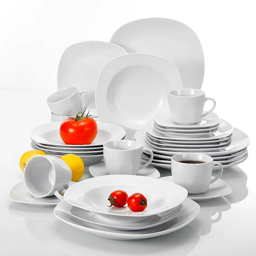MALACASA Elisa 30-Piece Porcelain Dinnerware Set | 6-Person Ceramic Tableware with Plates, Cups & Saucers – Modern Classic Design