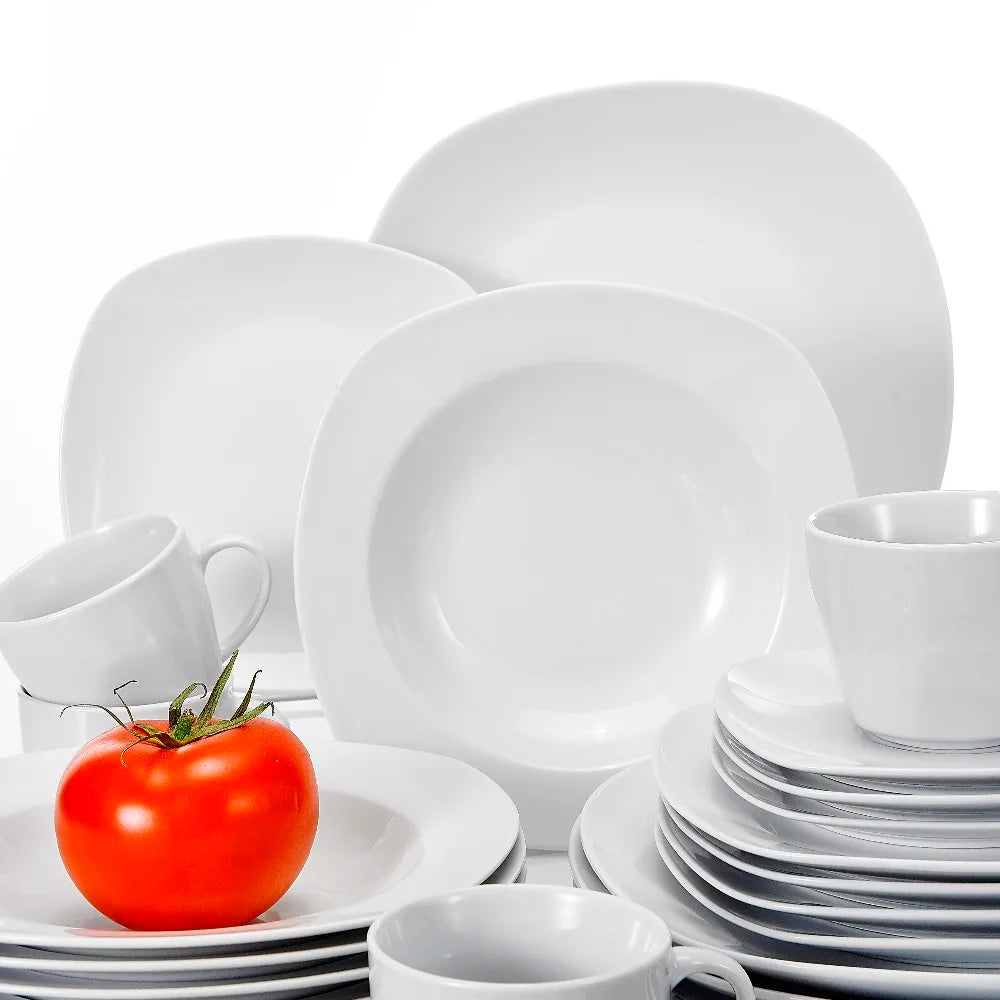 MALACASA Elisa 30-Piece Porcelain Dinnerware Set | 6-Person Ceramic Tableware with Plates, Cups & Saucers – Modern Classic Design