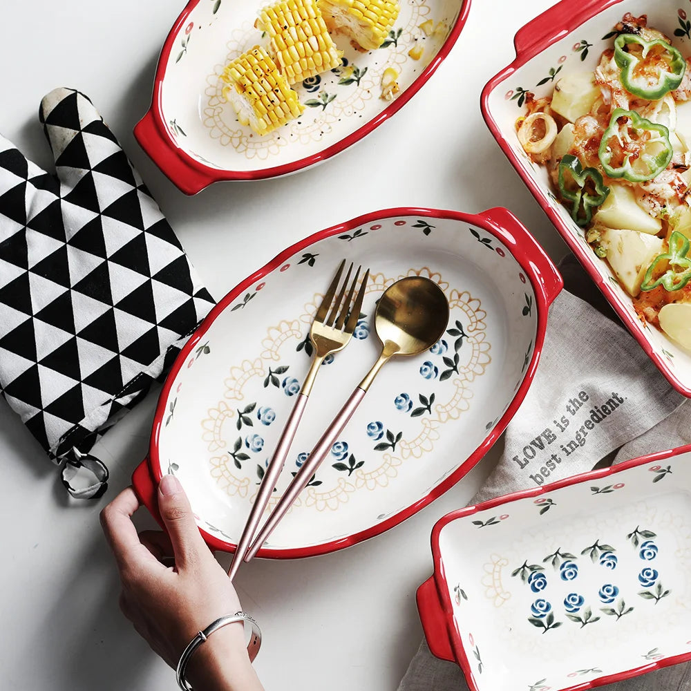 Red Cherry Ceramic Baking Dish – European Style Oval Dinner Plate & Ovenware Tray for Pasta, Chicken, and Desserts