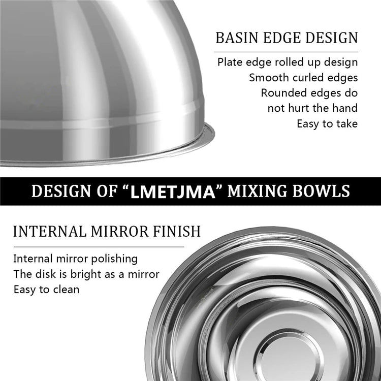 LMETJMA Stainless Steel Mixing Bowl Set – Non-Slip Nesting Bowls for Salad, Cooking & Baking