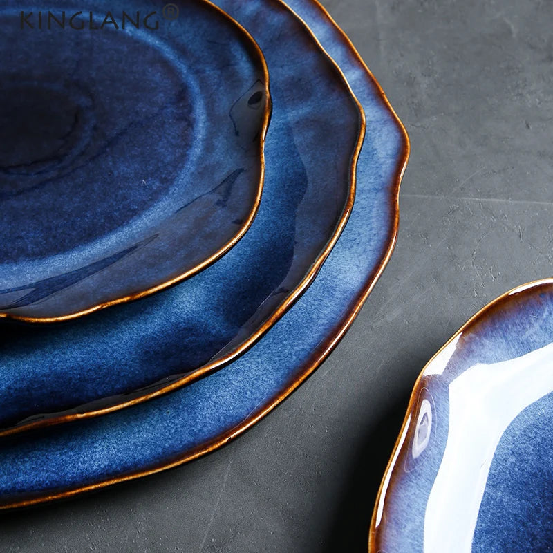 KINGLANG Japanese Ceramic Dinner Plates – Handmade Irregular Pottery Flat Dishes for Modern Dining and Food Presentation