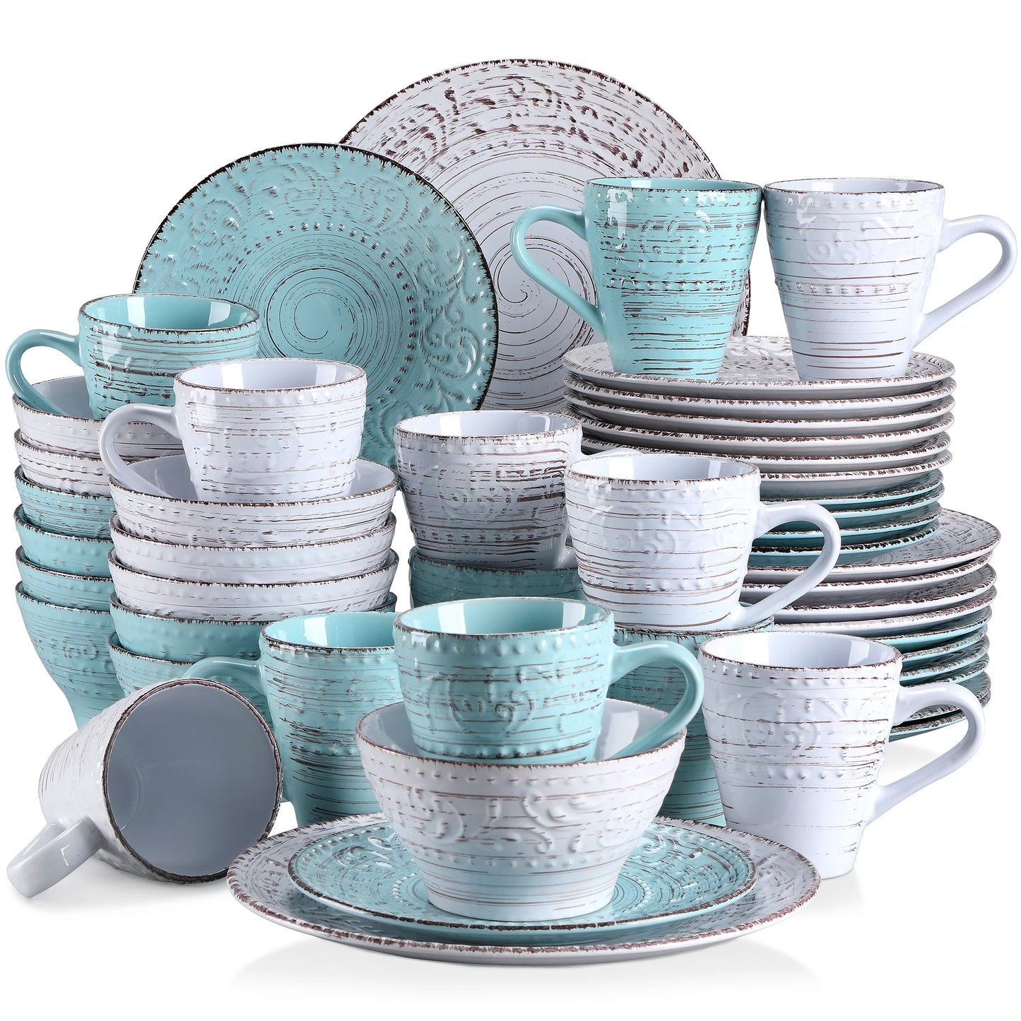 Vancasso VINE 16/32/48-Piece Ceramic Dinnerware Set | Rustic Stoneware Plates, Bowls & Mugs for 12-Person Dining