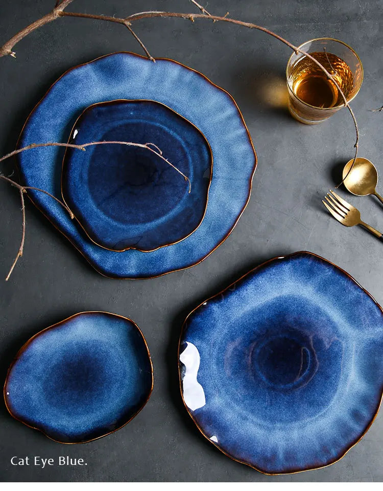 KINGLANG Japanese Ceramic Dinner Plates – Handmade Irregular Pottery Flat Dishes for Modern Dining and Food Presentation