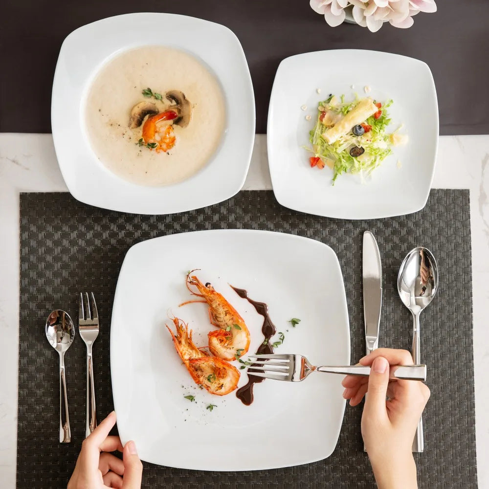 MALACASA JULIA 18-Piece Porcelain Dinnerware Set | 6-Person Modern White Ceramic Plates – Dinner, Soup & Dessert Set