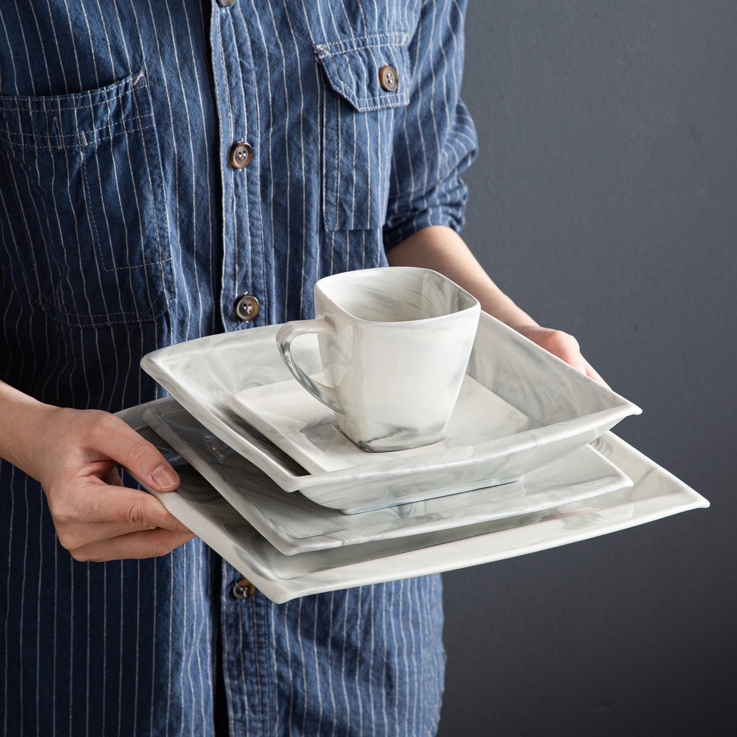MALACASA 30/60-Piece Marble Grey Porcelain Dinnerware Set | Modern Tableware for 6–12 Persons with Plates, Cups & Saucers