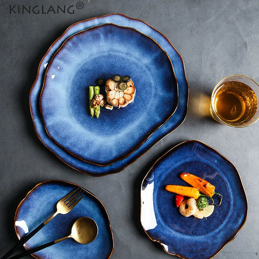 KINGLANG Japanese Ceramic Dinner Plates – Handmade Irregular Pottery Flat Dishes for Modern Dining and Food Presentation
