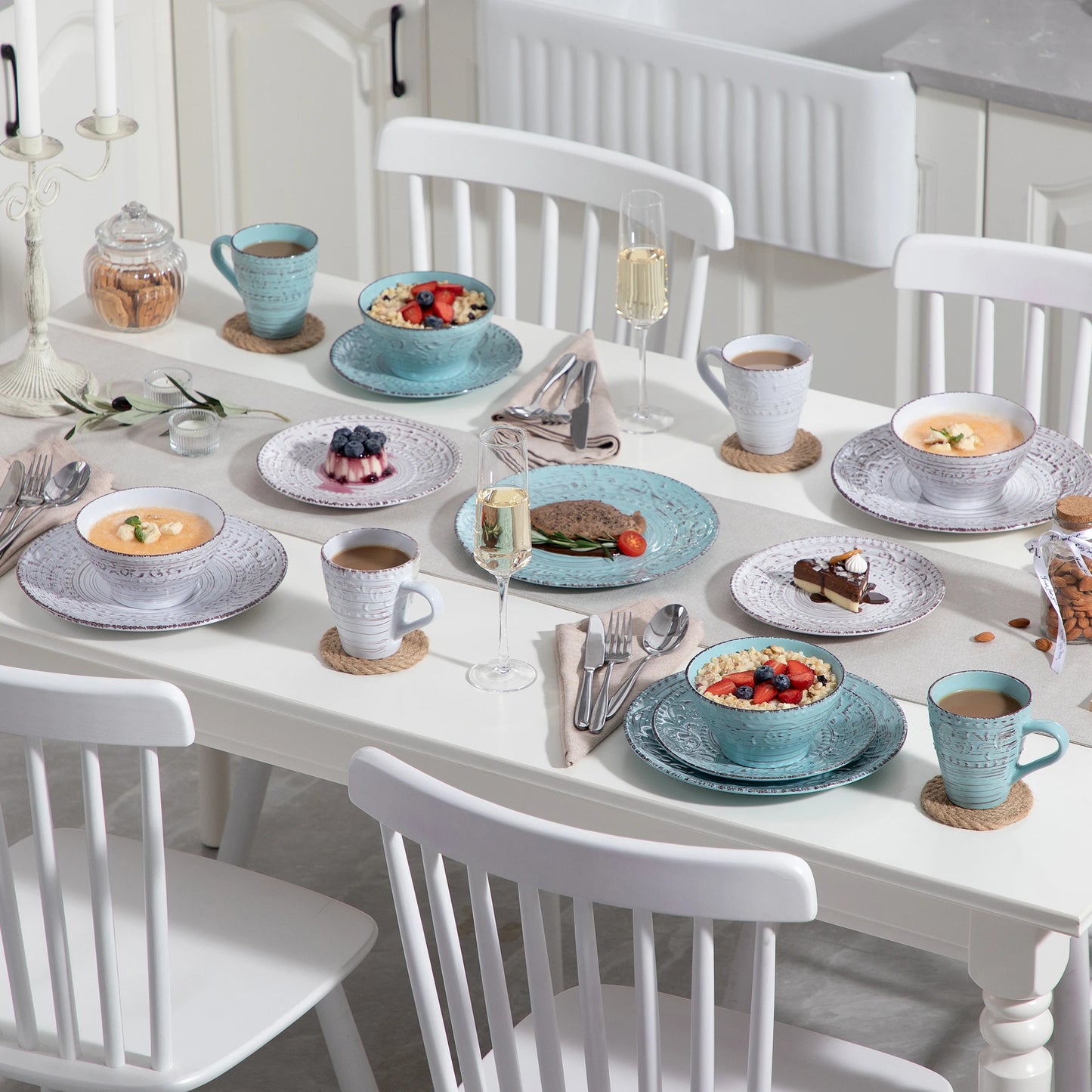 Vancasso VINE 16/32/48-Piece Ceramic Dinnerware Set | Rustic Stoneware Plates, Bowls & Mugs for 12-Person Dining