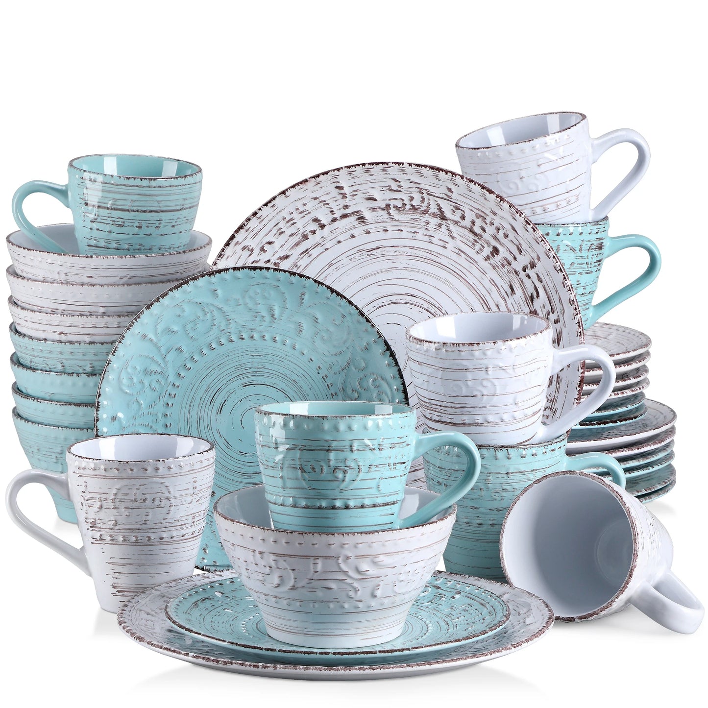 Vancasso VINE 16/32/48-Piece Ceramic Dinnerware Set | Rustic Stoneware Plates, Bowls & Mugs for 12-Person Dining