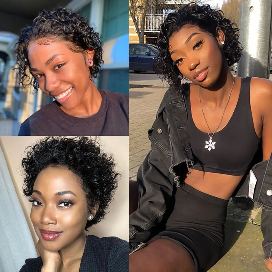 99J Burgundy Highlight Short Curly Pixie Cut Human Hair Lace Front Wig – Pre-Plucked 13×2 Bob Style