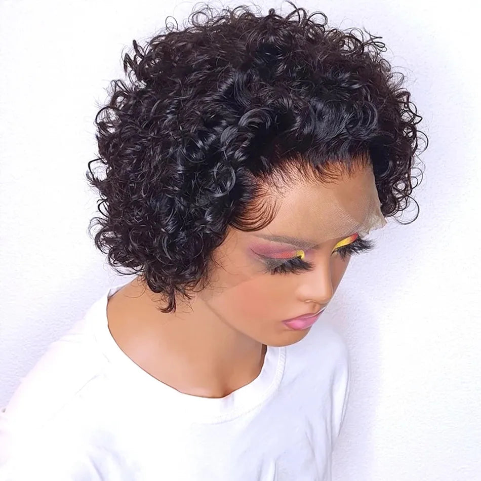 99J Burgundy Highlight Short Curly Pixie Cut Human Hair Lace Front Wig – Pre-Plucked 13×2 Bob Style