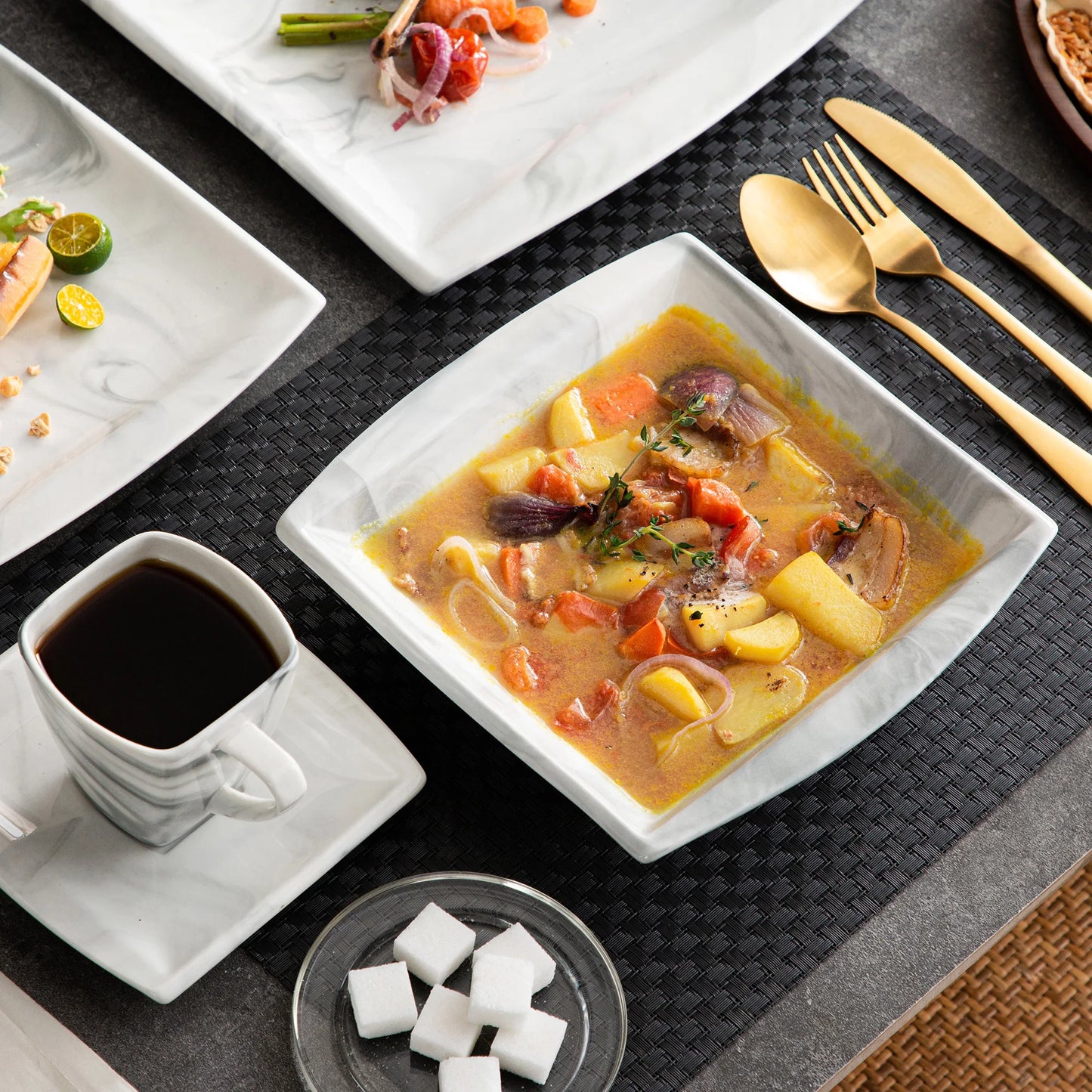 MALACASA 30/60-Piece Marble Grey Porcelain Dinnerware Set | Modern Tableware for 6–12 Persons with Plates, Cups & Saucers